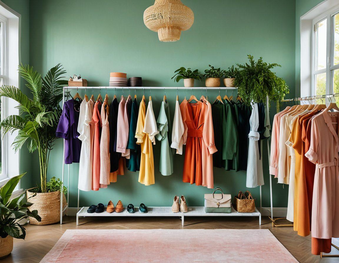 A vibrant and stylish wardrobe display filled with chic sustainable fashion pieces, showcasing eco-friendly fabrics and textures. Include colorful clothing, unique accessories, and natural elements like plants in the background to symbolize sustainability. Incorporate diverse models wearing the outfits, exuding joy and confidence. Capture a sense of modern elegance and style in a well-lit, airy space. super-realistic. vibrant colors. light pastel background.