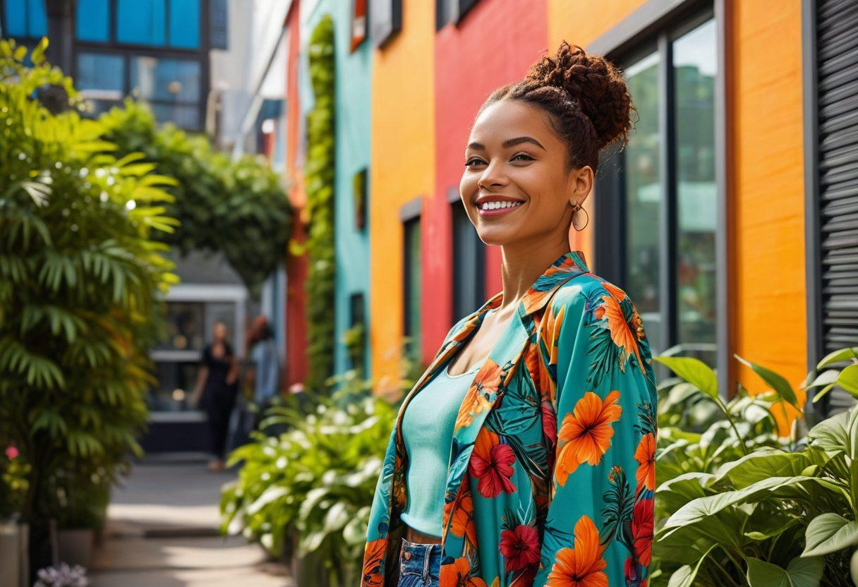 A fashionable urban woman wearing a stylish, eco-friendly outfit made from sustainable materials, surrounded by green city elements like vertical gardens and solar panels. Her joyful expression radiates positivity, while the backdrop features a bright, sustainable city scene with colorful street art reflecting environmental themes. super-realistic. vibrant colors. modern urban landscape.